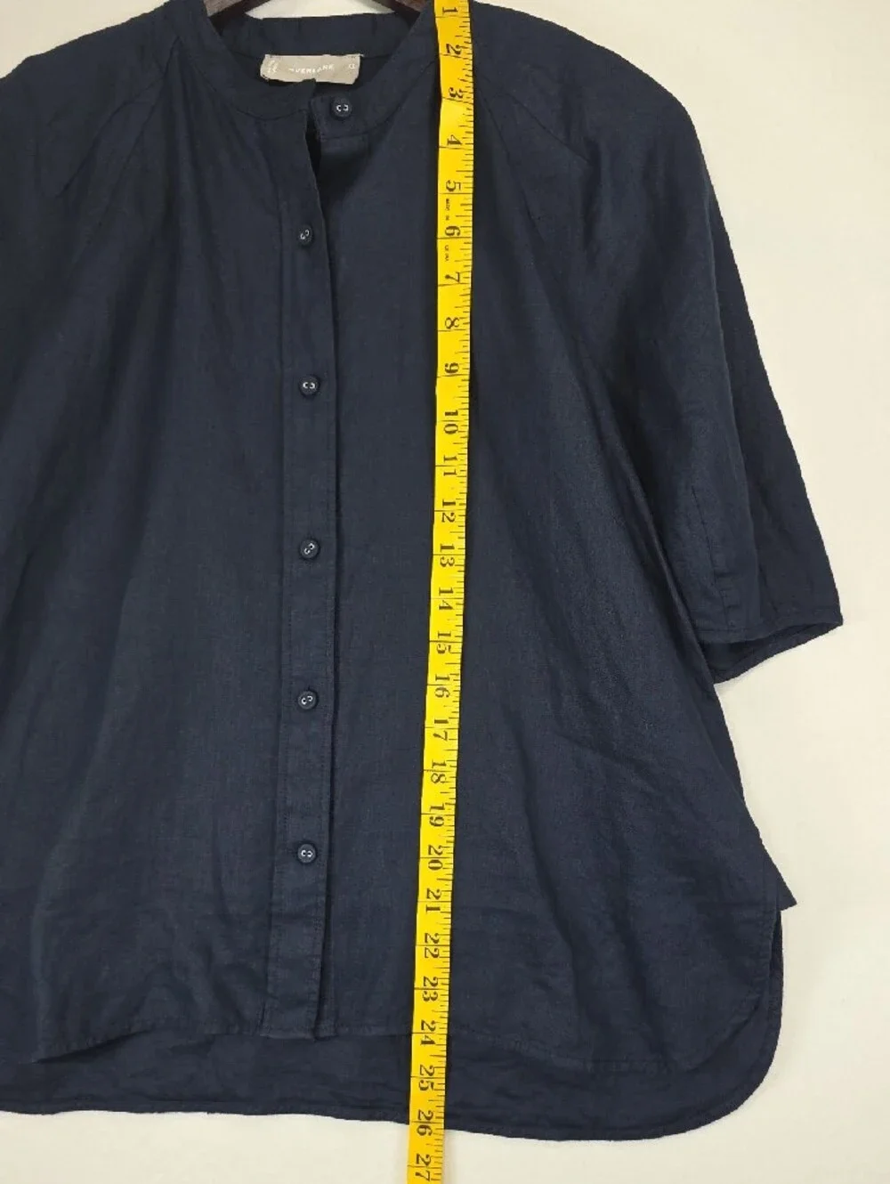 Everlane Dark Navy 100% Linen Button-Down Puff Sleeve Shirt Minimalist